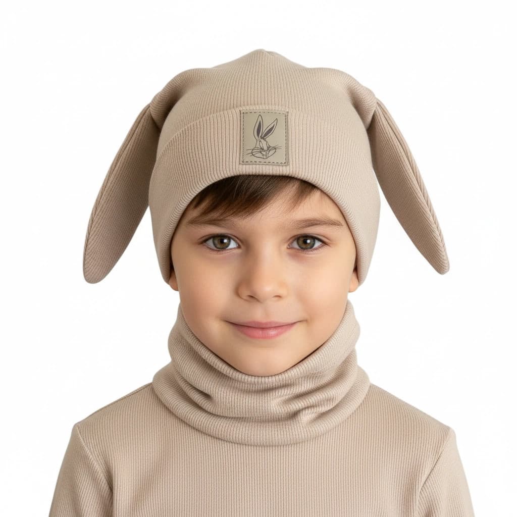 Detská prechodná čiapka s nákrčníkom Zajo - béžová