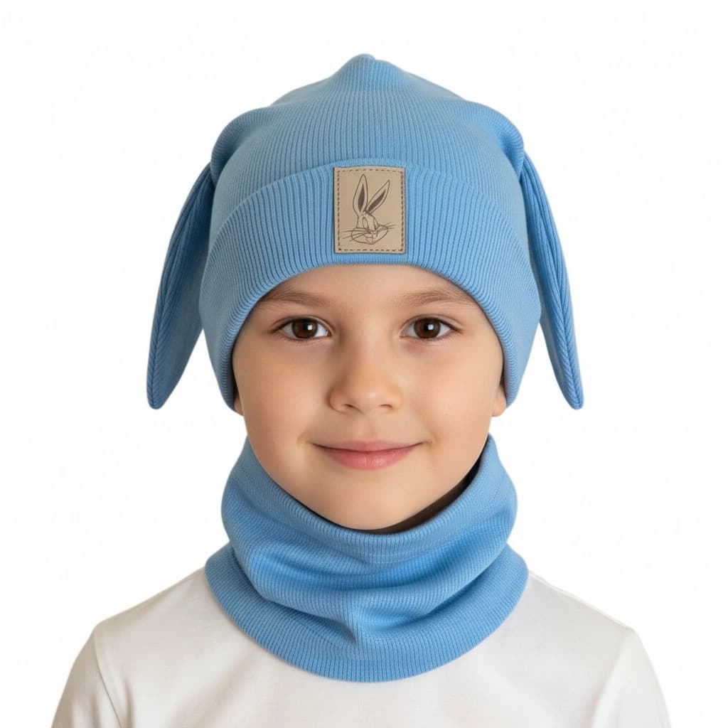 Detská prechodná čiapka s nákrčníkom Zajo - modrá