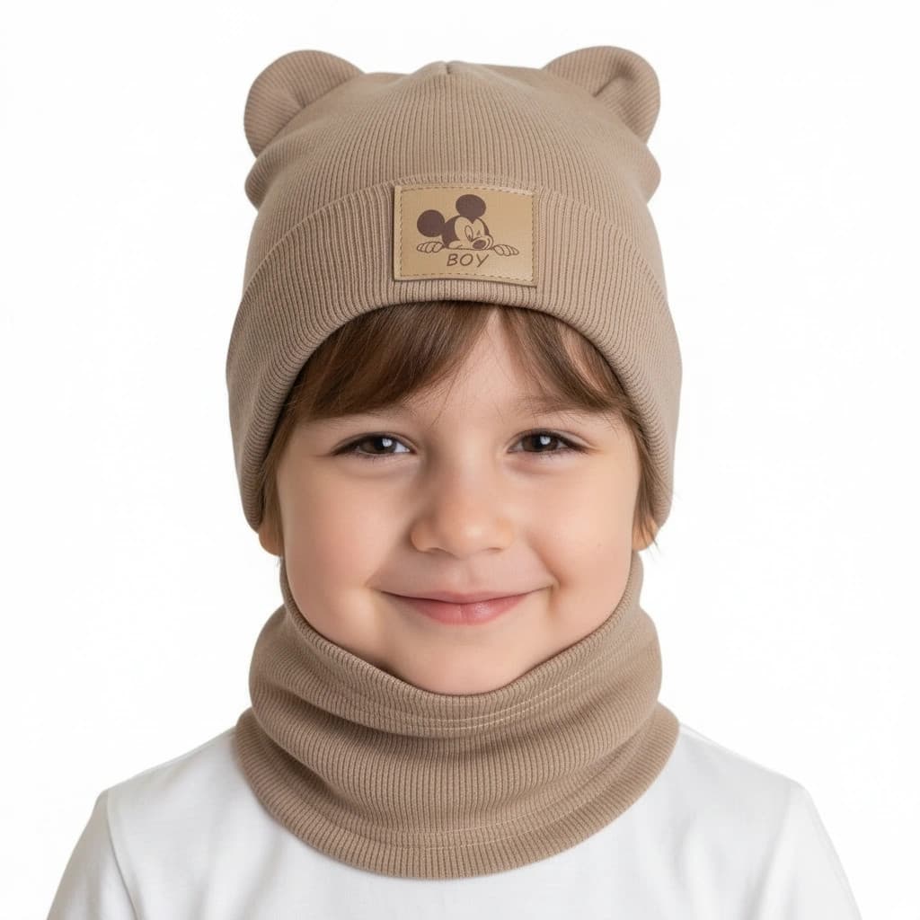Detská prechodná čiapka s nákrčníkom Macko - hnedá