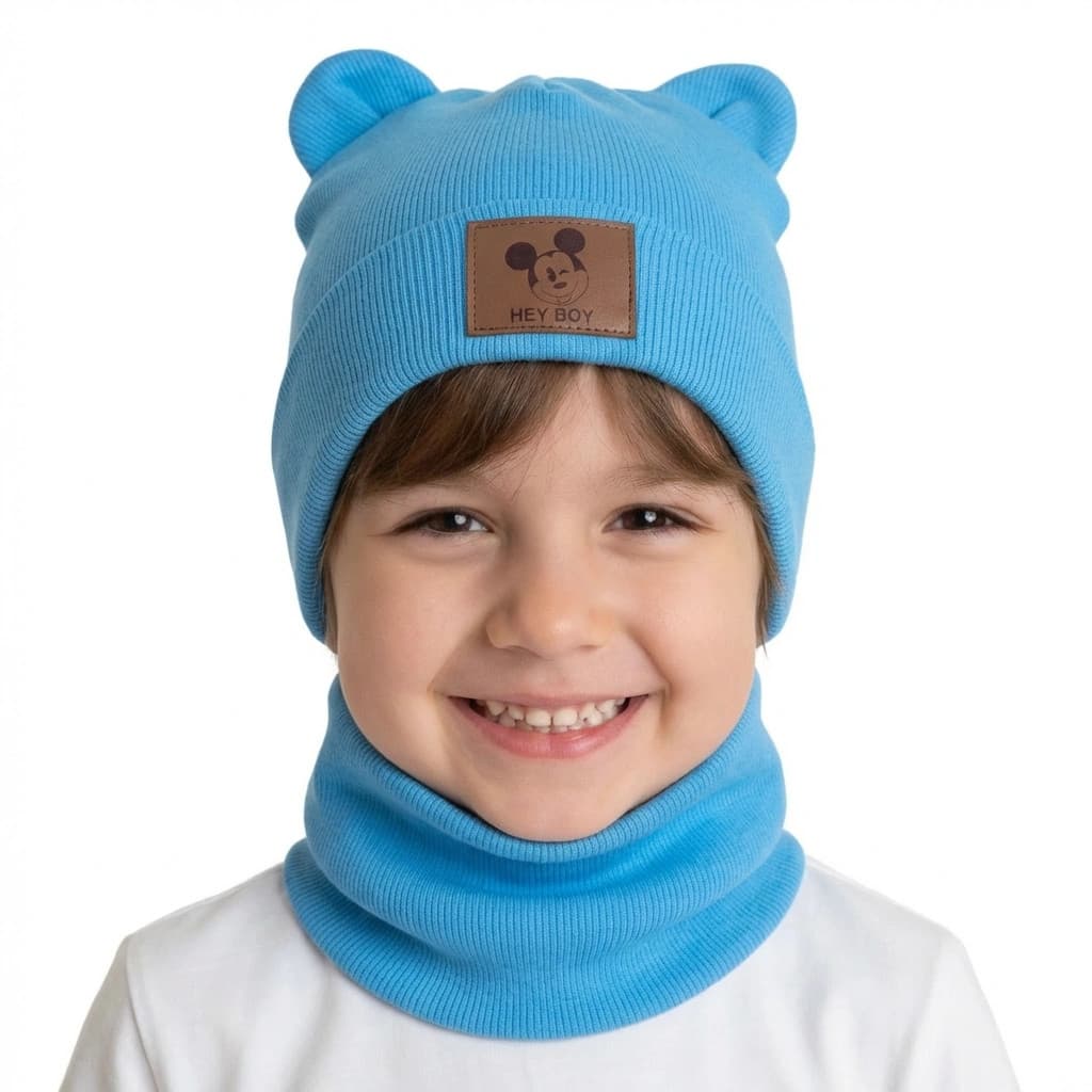 Detská prechodná čiapka s nákrčníkom Macko - modrá