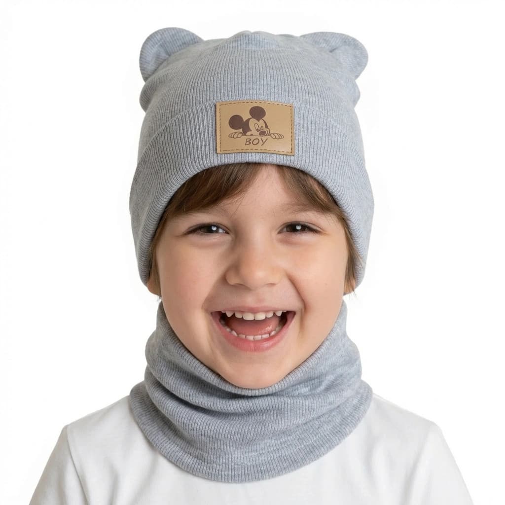 Detská prechodná čiapka s nákrčníkom Macko - sivá