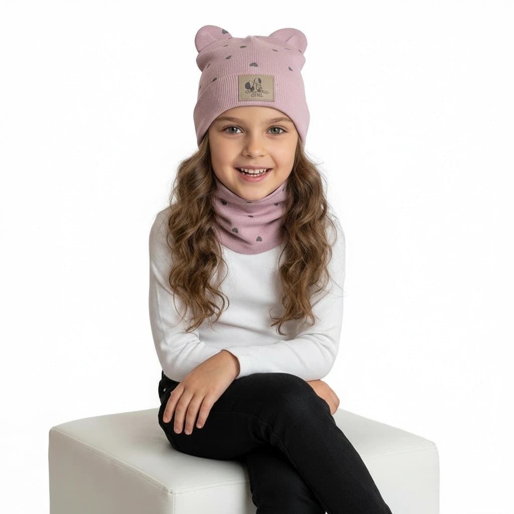 Detská prechodná čiapka s nákrčníkom Srdiečko - staroružová