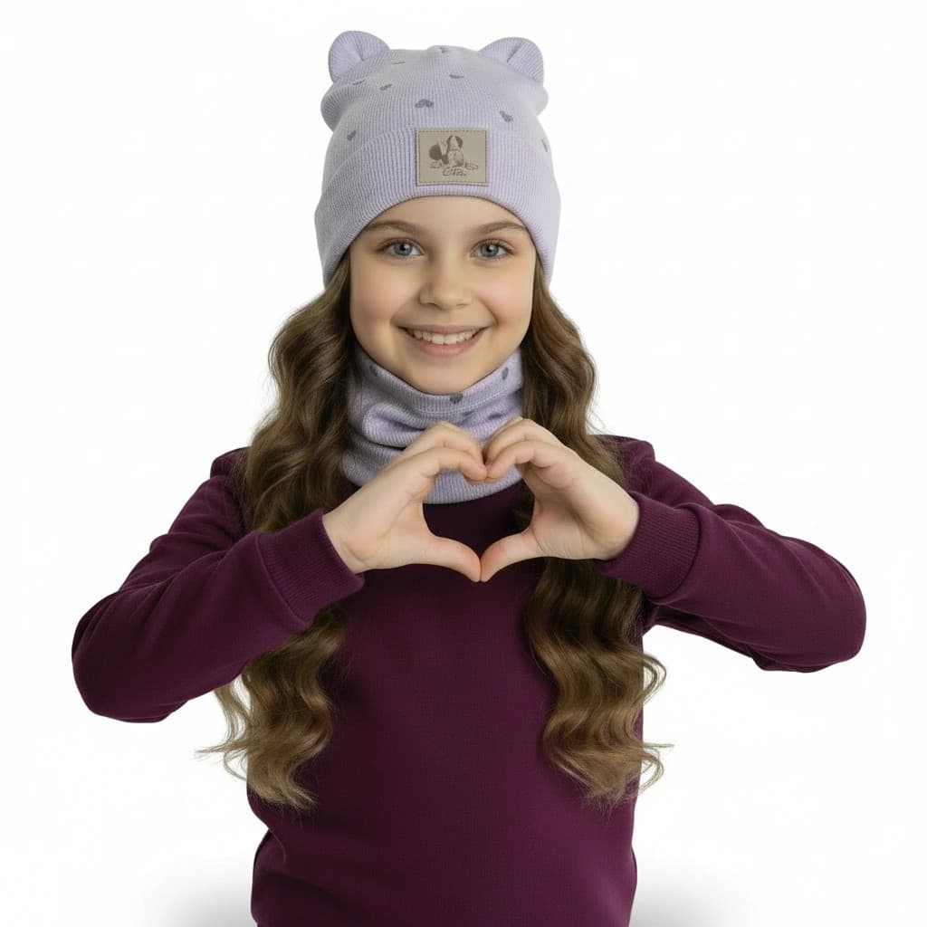 Detská prechodná čiapka s nákrčníkom Srdiečko - fialová