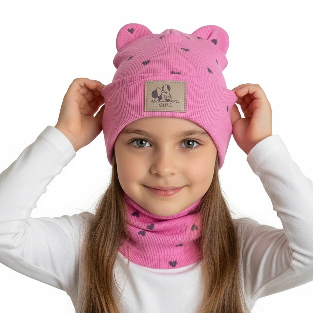 Detská prechodná čiapka s nákrčníkom Srdiečko - ružová