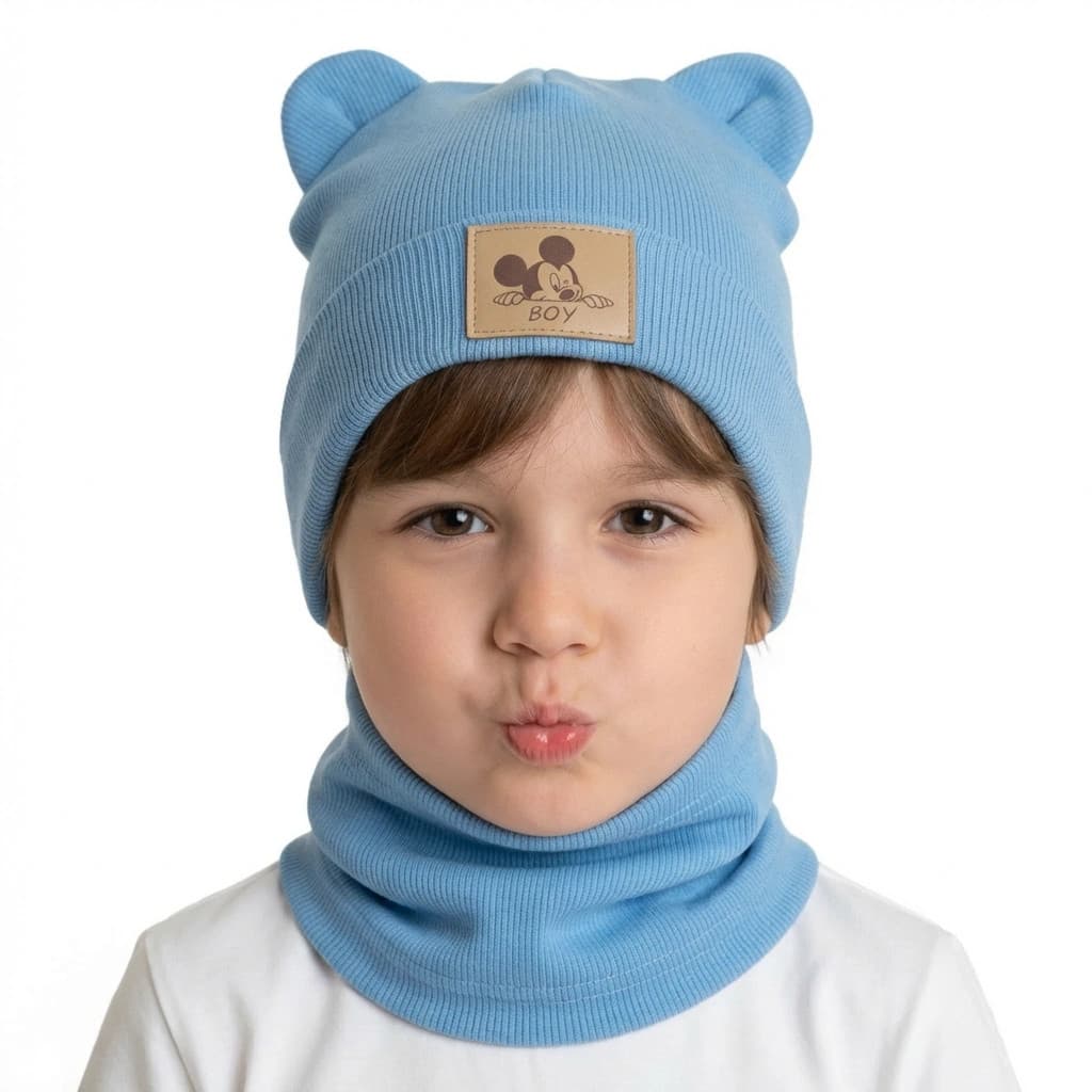 Detská prechodná čiapka s nákrčníkom Macko - bledomodrá