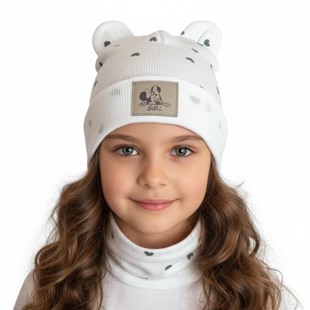 Detská prechodná čiapka s nákrčníkom Srdiečko - biela