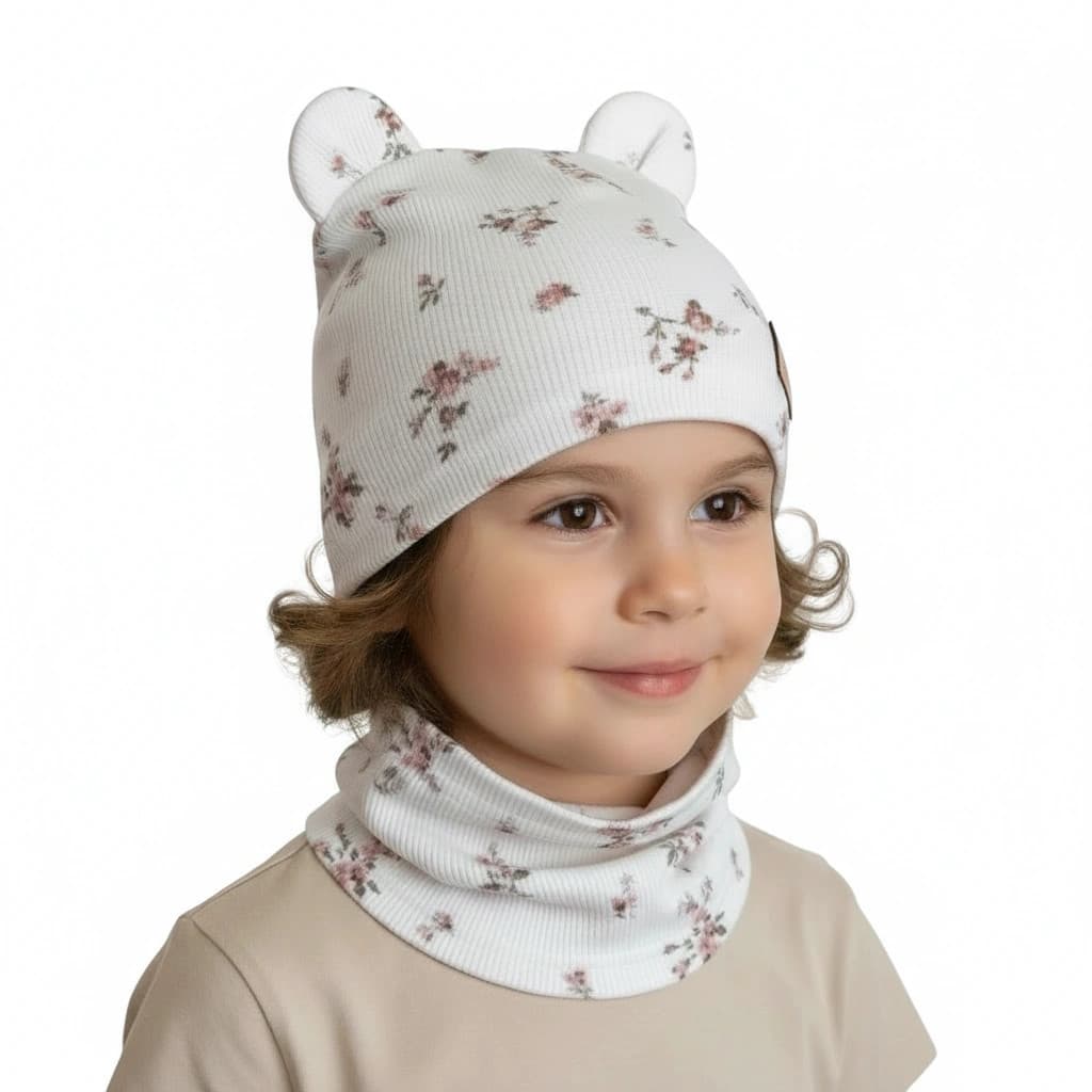 Detská prechodná čiapka s uškami a nákrčníkom - kvetinky