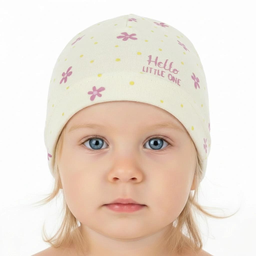 Dievčenská letná čiapka s kvetinkami - smotanová