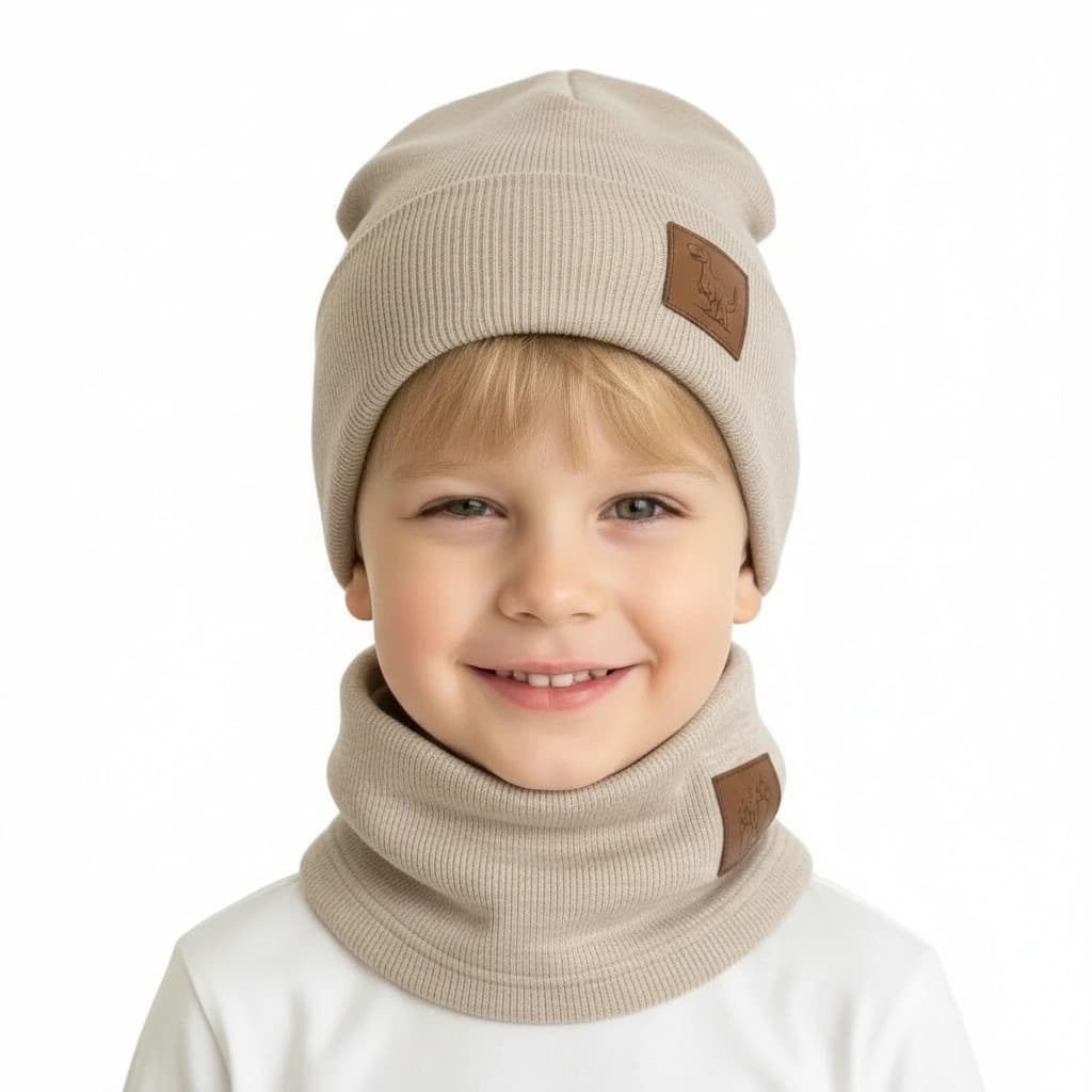 Chlapčenská prechodná čiapka s nákrčníkom Dino - béžová