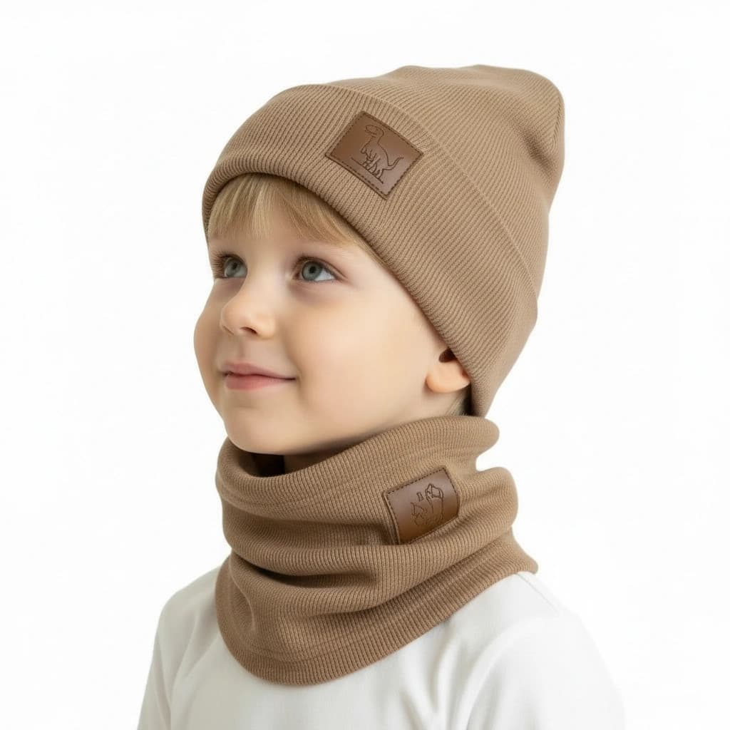 Chlapčenská prechodná čiapka s nákrčníkom Dino - hnedá