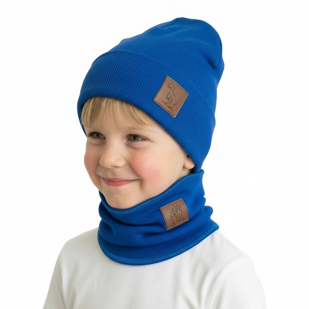 Chlapčenská prechodná čiapka s nákrčníkom Dino - kráľovská modrá
