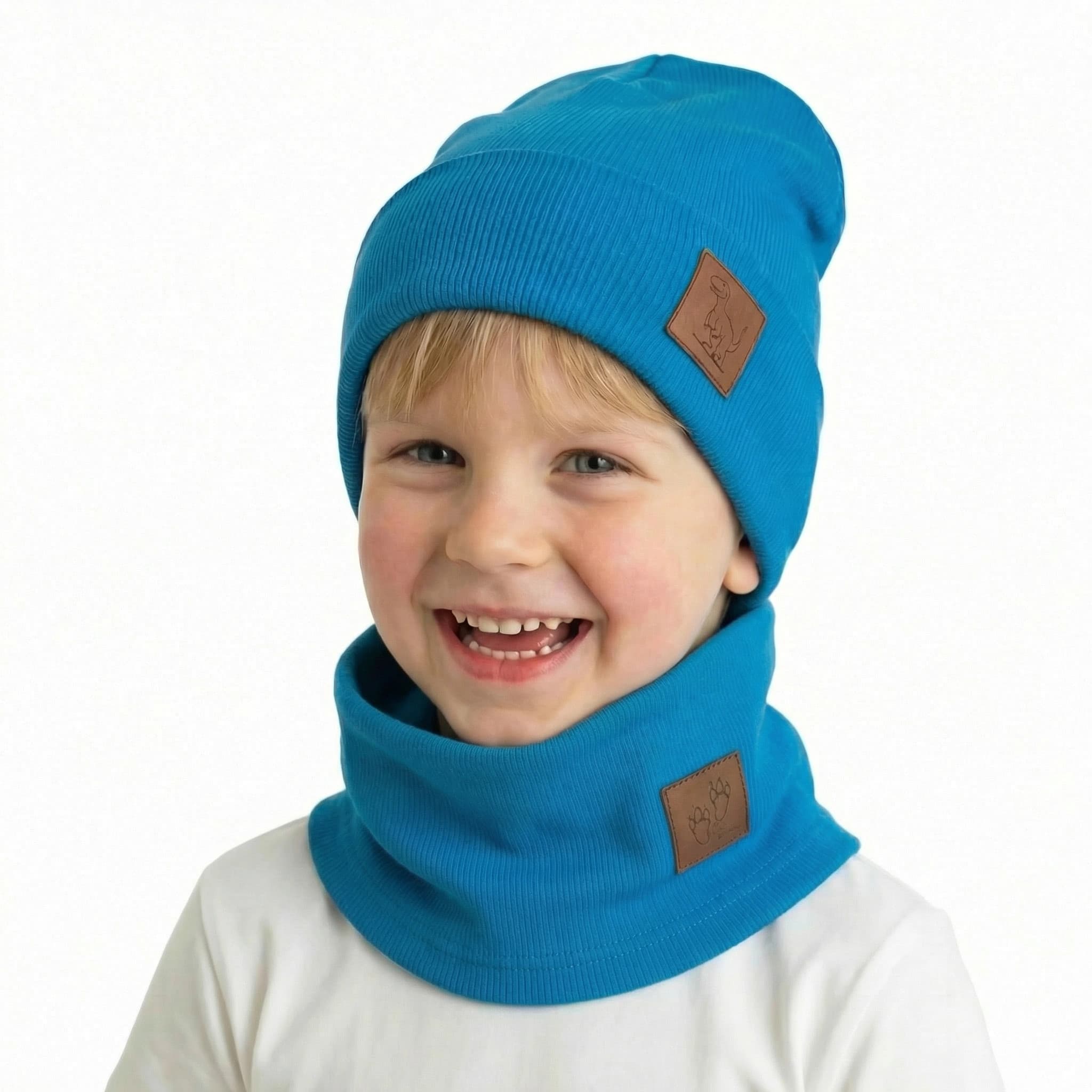Chlapčenská prechodná čiapka s nákrčníkom Dino - modrá