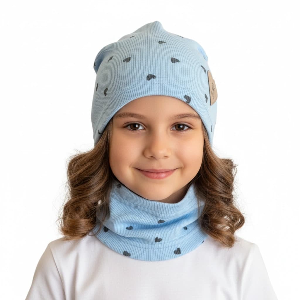 Prechodná čiapka s nákrčníkom Basic so srdiečkami - modrá