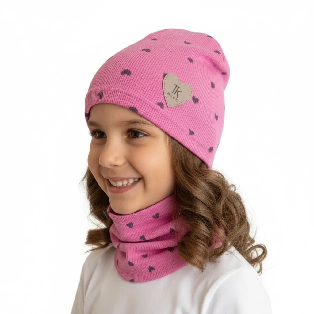 Prechodná čiapka s nákrčníkom Basic so srdiečkami - ružová