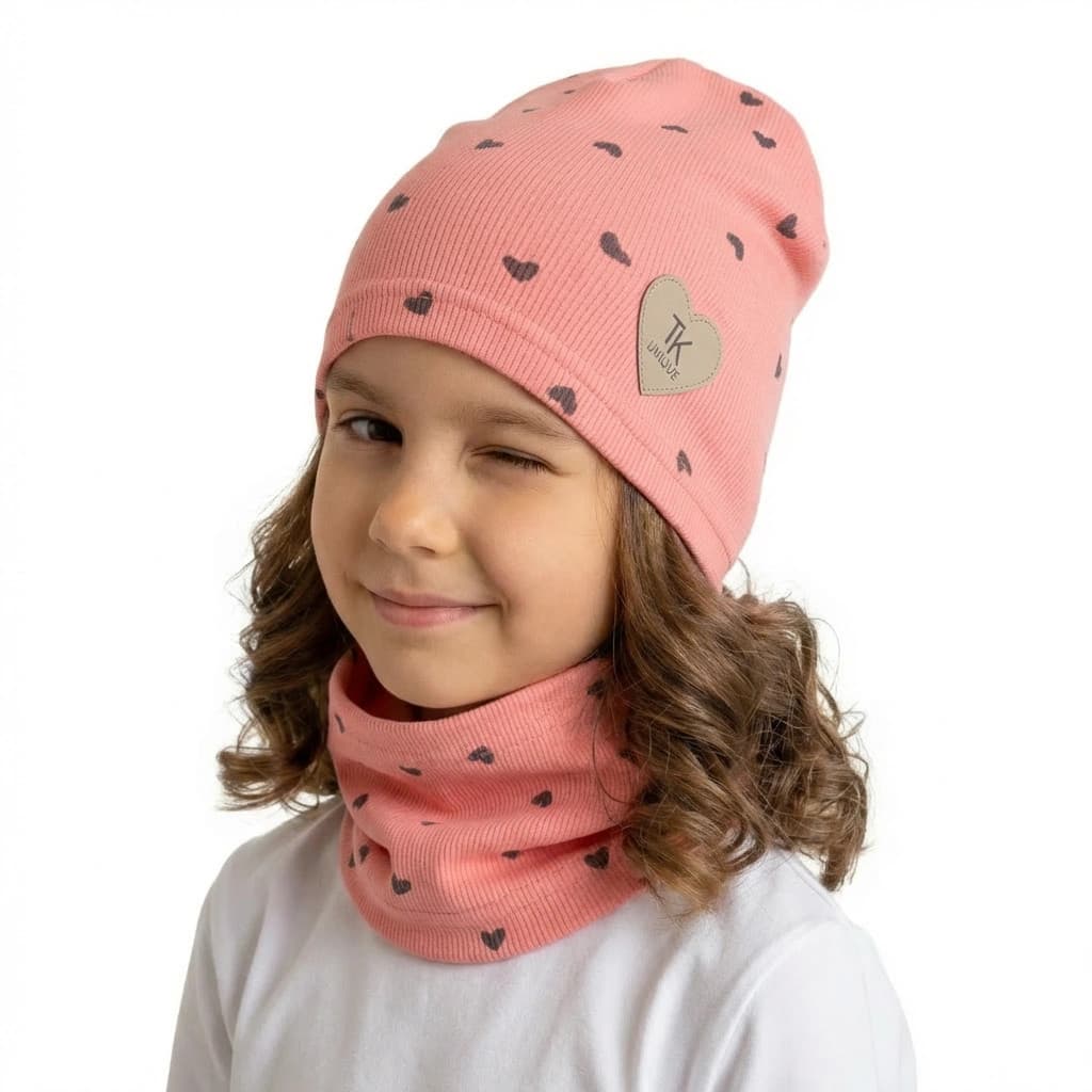 Prechodná čiapka s nákrčníkom Basic so srdiečkami - oranžová