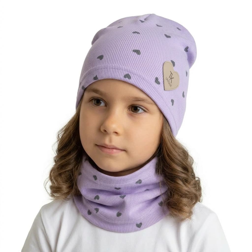 Prechodná čiapka s nákrčníkom Basic so srdiečkami - fialová