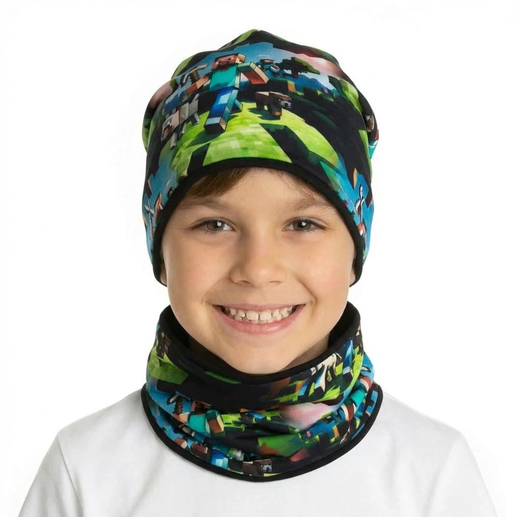 Prechodný zelený komplet Minecraft - čiapka s nákrčníkom