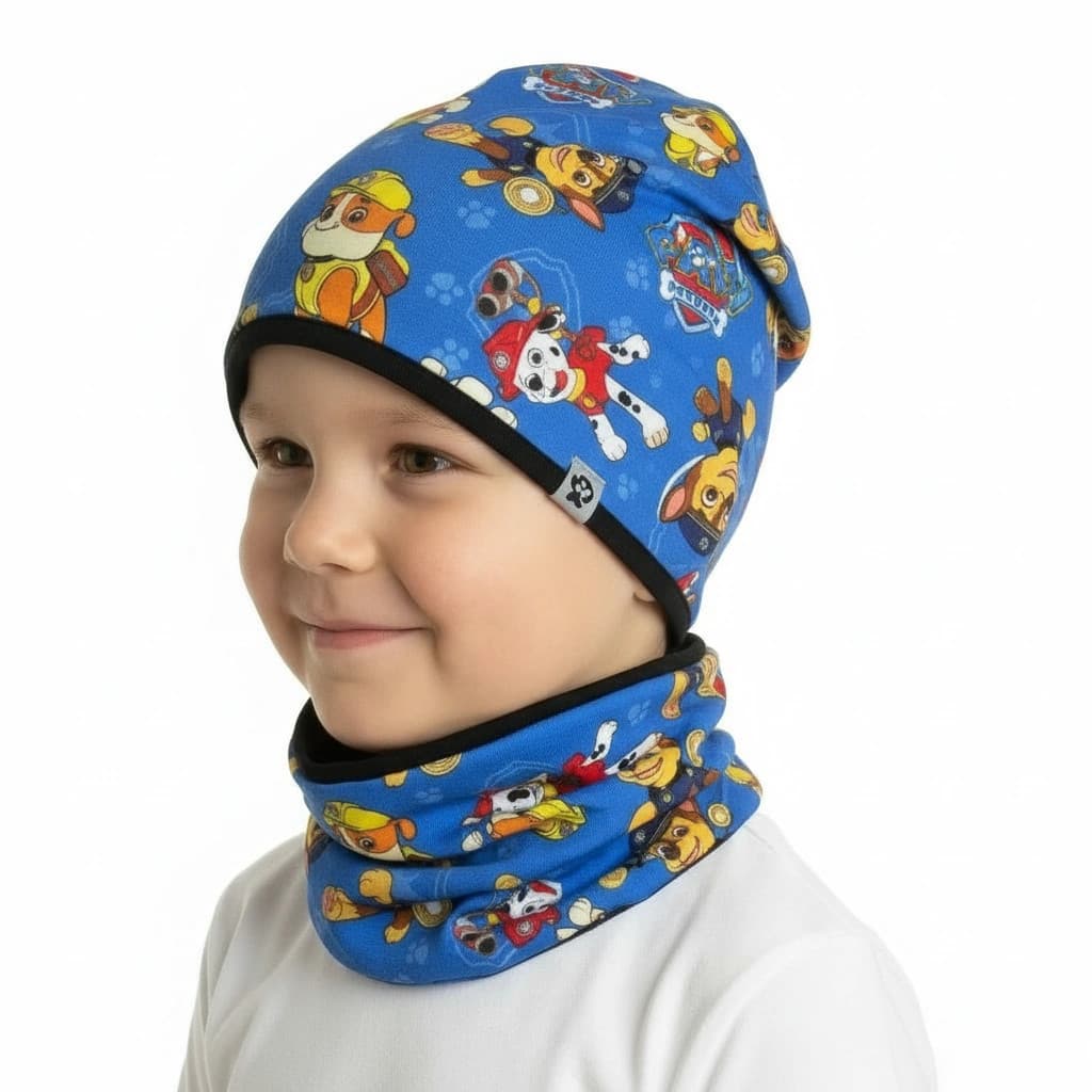 Prechodný modrý komplet Paw Patrol - čiapka s nákrčníkom