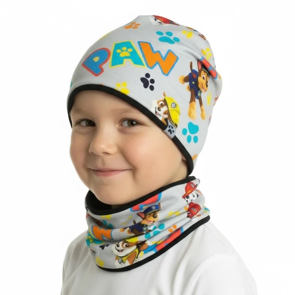 Prechodný sivý komplet Paw patrol - čiapka s nákrčníkom