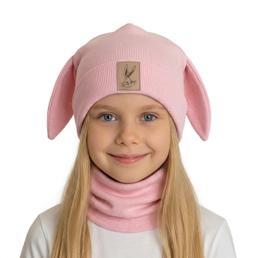 Detská prechodná čiapka s nákrčníkom Zajo - ružová