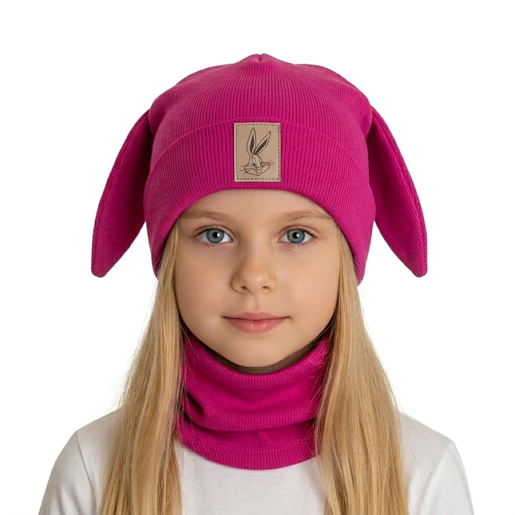 Detská prechodná čiapka s nákrčníkom Zajo - cyklamenová